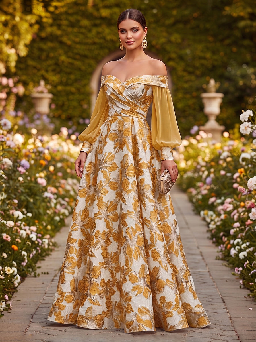 Floral Print A-Line/Princess Off Shoulder Floor-Length Formal Dresses with Ruched Waist