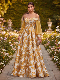 Floral Print A-Line/Princess Off Shoulder Floor-Length Formal Dresses with Ruched Waist