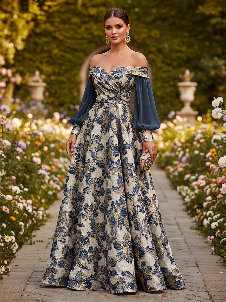 Floral Print A-Line/Princess Off Shoulder Floor-Length Formal Dresses with Ruched Waist