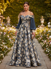 Floral Print A-Line/Princess Off Shoulder Floor-Length Formal Dresses with Ruched Waist