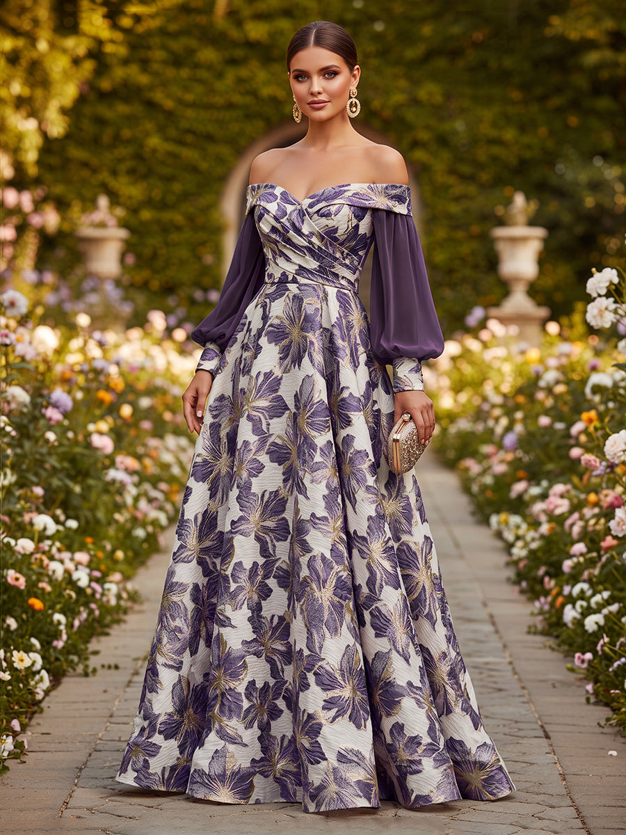 Floral Print A-Line/Princess Off Shoulder Floor-Length Formal Dresses with Ruched Waist