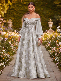 Floral Print A-Line/Princess Off Shoulder Floor-Length Formal Dresses with Ruched Waist