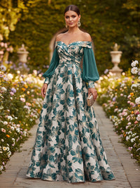 Floral Print A-Line/Princess Off Shoulder Floor-Length Formal Dresses with Ruched Waist