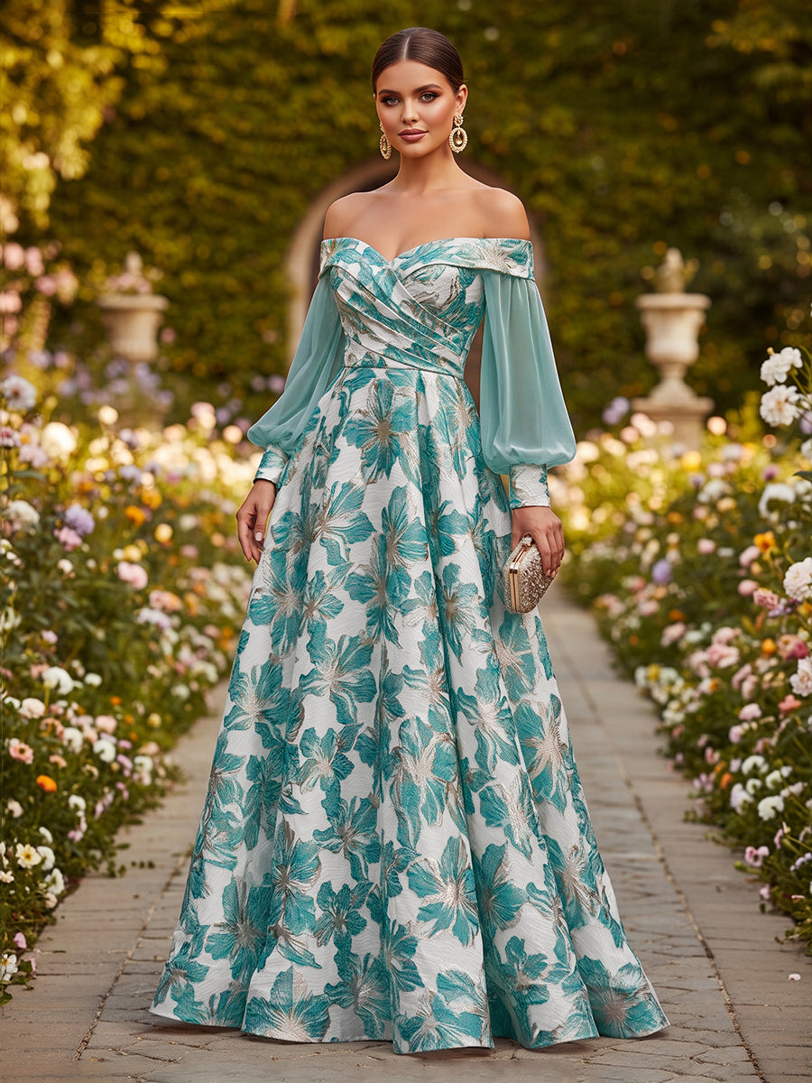 Floral Print A-Line/Princess Off Shoulder Floor-Length Formal Dresses with Ruched Waist