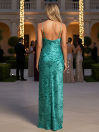 Floral Print Sheath/Column Spaghetti Straps Floor-Length Formal Dresses with Slit