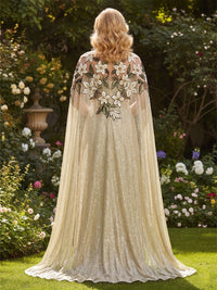 Shimmer Jersey A-Line/Princess Scoop Neck Floor-Length Formal Dresses with Cape