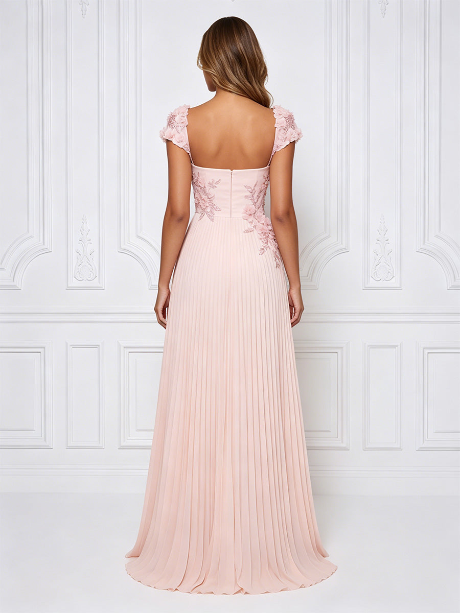 Chiffon A-Line/Princess Square Neck High-Low Formal Dresses with 3D Flowers & Pleats