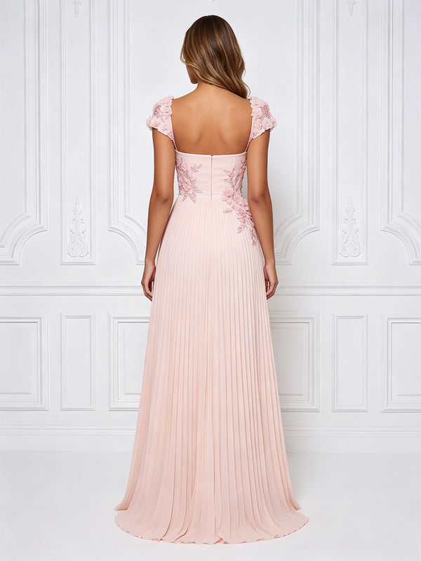 Chiffon A-Line/Princess Square Neck High-Low Formal Dresses with 3D Flowers & Pleats