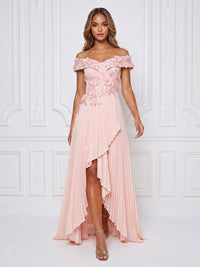 Chiffon A-Line/Princess Off Shoulder High-Low Formal Dresses with 3D Flowers & Pleats