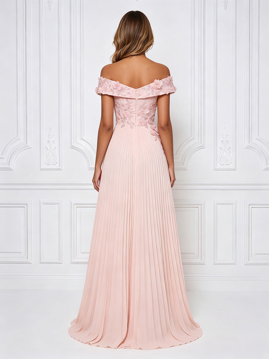Chiffon A-Line/Princess Off Shoulder High-Low Formal Dresses with 3D Flowers & Pleats