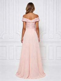 Chiffon A-Line/Princess Off Shoulder High-Low Formal Dresses with 3D Flowers & Pleats