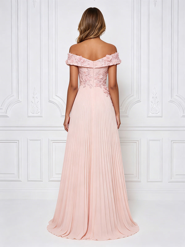 Chiffon A-Line/Princess Off Shoulder High-Low Formal Dresses with 3D Flowers & Pleats