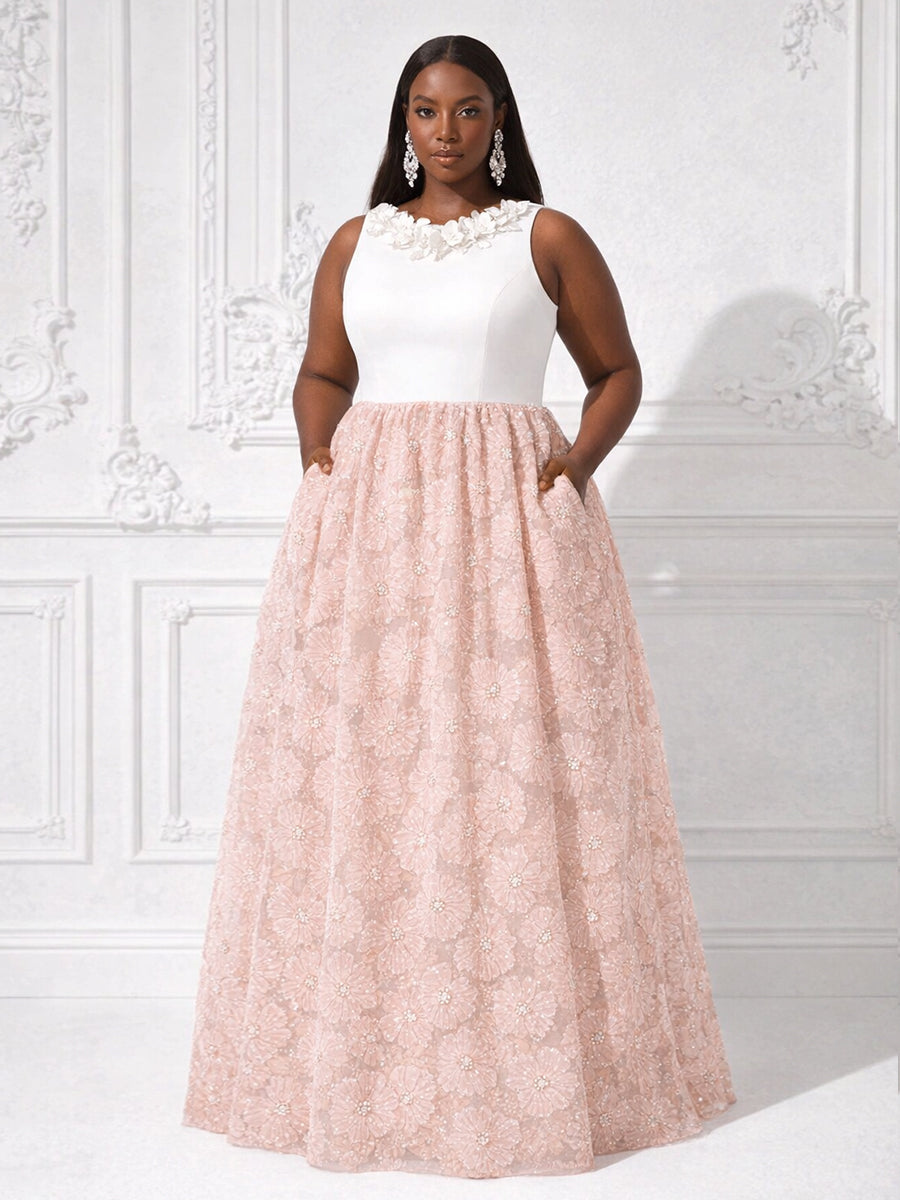 Sequin Floral A-Line/Princess Scoop Neck Floor-Length Formal Dresses with Pockets