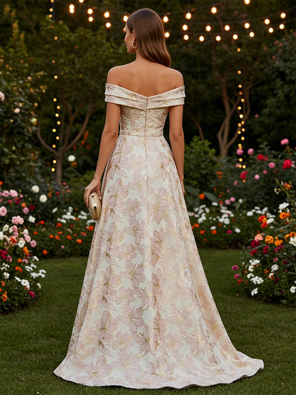 Floral Print A-Line/Princess Off Shoulder Floor-Length Formal Dresses with Sweep Train