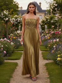 Shimmer Jersey A-Line/Princess Strapless Floor-Length Formal Dresses with Pleats