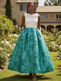 Floral Print A-Line/Princess Scoop Neck Floor-Length Formal Dresses with Pockets