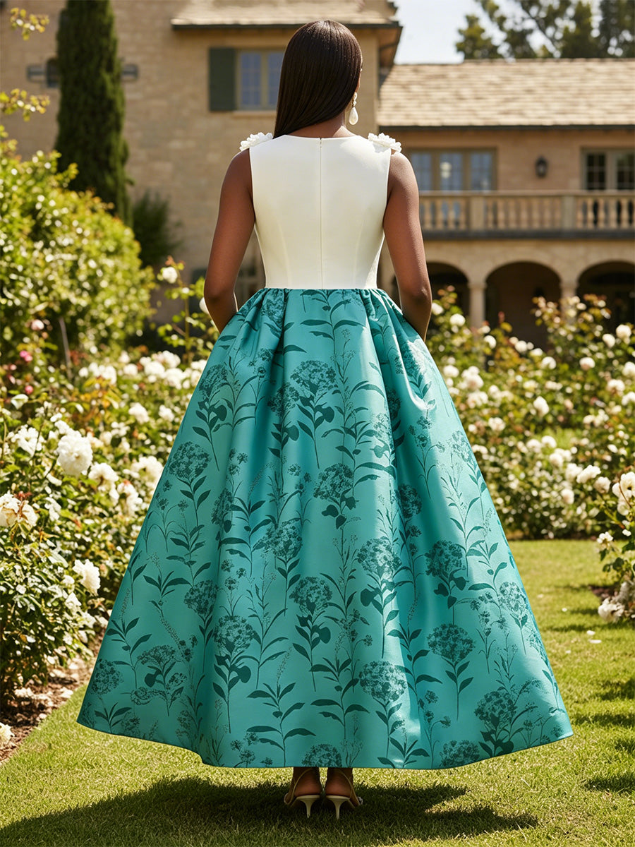 Floral Print A-Line/Princess Scoop Neck Floor-Length Formal Dresses with Pockets