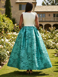 Floral Print A-Line/Princess Scoop Neck Floor-Length Formal Dresses with Pockets