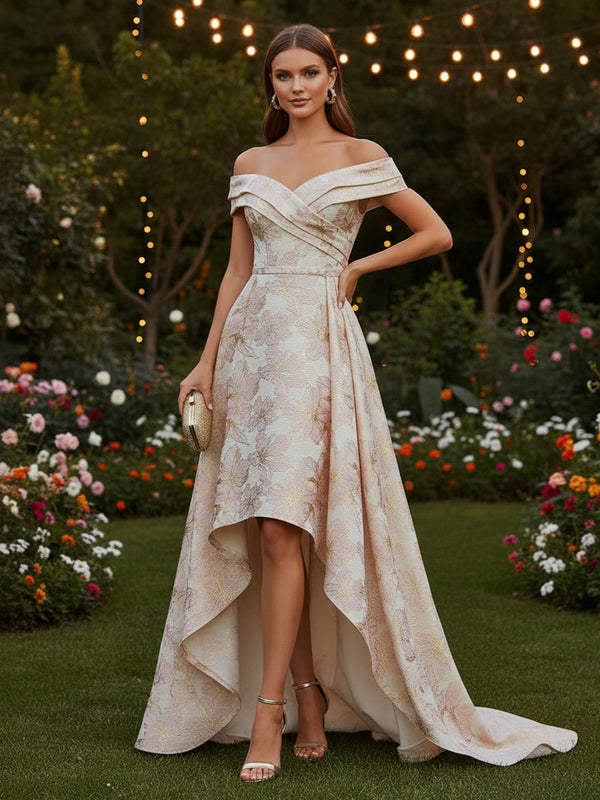 Floral Print A-Line/Princess Off Shoulder High-Low Formal Dresses with Sweep Train