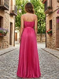 Satin A-Line/Princess Spaghetti Straps Floor-Length Formal Dresses with Pleats & Slit