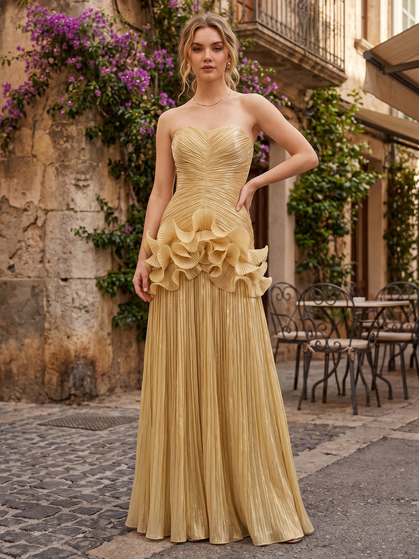Metallic A-Line/Princess Strapless Floor-Length Formal Dresses with Pleats