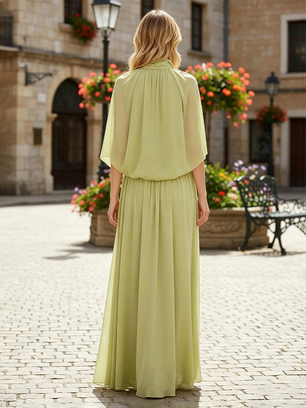 Chiffon A-Line/Princess High Neck Floor-Length Formal Dresses with Ruched Waist