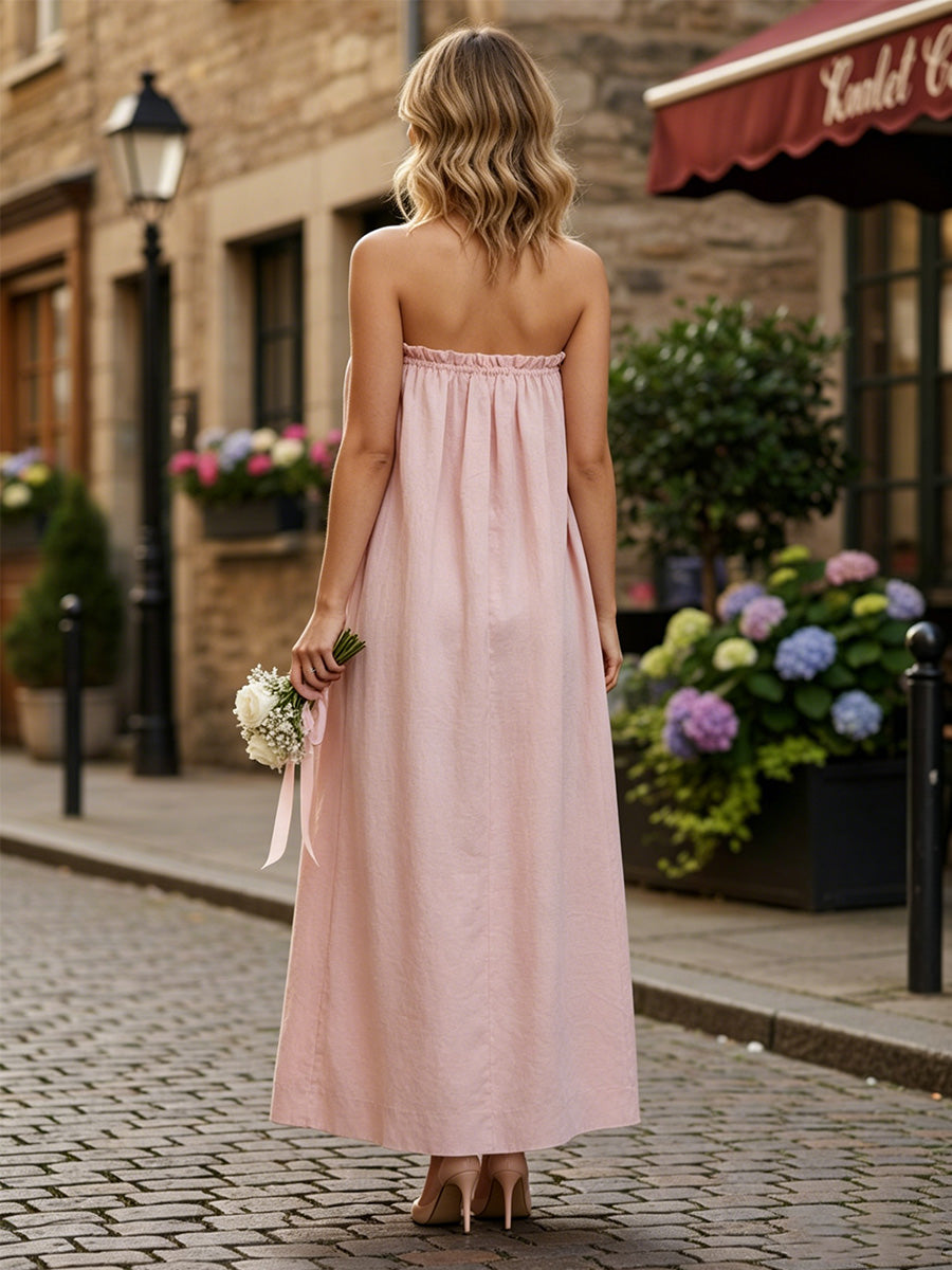 Satin A-Line/Princess Strapless Floor-Length Formal Dresses with Ruched Waist