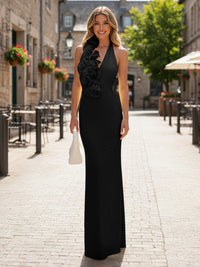 Satin Sheath/Column Halter Floor-Length Formal Dresses with 3D Flowers