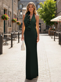 Satin Sheath/Column Halter Floor-Length Formal Dresses with 3D Flowers