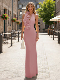 Satin Sheath/Column Halter Floor-Length Formal Dresses with 3D Flowers