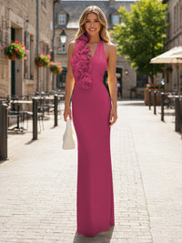 Satin Sheath/Column Halter Floor-Length Formal Dresses with 3D Flowers
