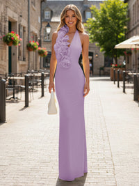 Satin Sheath/Column Halter Floor-Length Formal Dresses with 3D Flowers