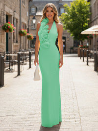 Satin Sheath/Column Halter Floor-Length Formal Dresses with 3D Flowers