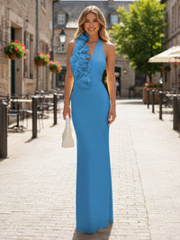 Satin Sheath/Column Halter Floor-Length Formal Dresses with 3D Flowers