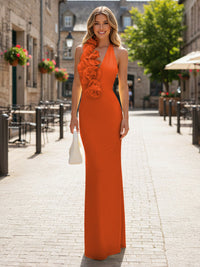 Satin Sheath/Column Halter Floor-Length Formal Dresses with 3D Flowers
