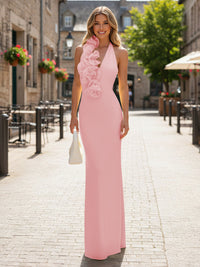 Satin Sheath/Column Halter Floor-Length Formal Dresses with 3D Flowers