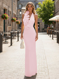 Satin Sheath/Column Halter Floor-Length Formal Dresses with 3D Flowers
