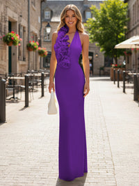 Satin Sheath/Column Halter Floor-Length Formal Dresses with 3D Flowers