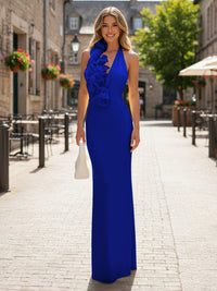 Satin Sheath/Column Halter Floor-Length Formal Dresses with 3D Flowers