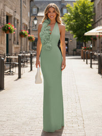 Satin Sheath/Column Halter Floor-Length Formal Dresses with 3D Flowers
