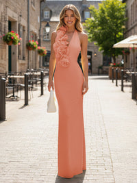 Satin Sheath/Column Halter Floor-Length Formal Dresses with 3D Flowers