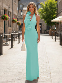 Satin Sheath/Column Halter Floor-Length Formal Dresses with 3D Flowers