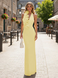 Satin Sheath/Column Halter Floor-Length Formal Dresses with 3D Flowers