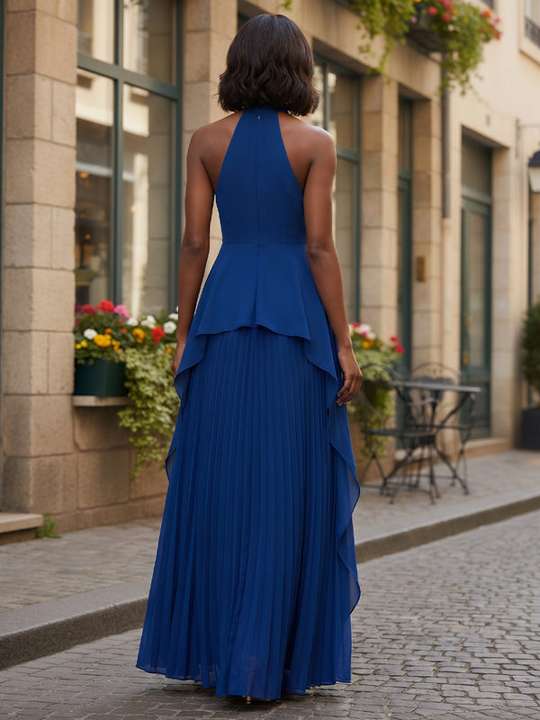 Chiffon A-Line/Princess Halter Floor-Length Formal Dresses with Pleats