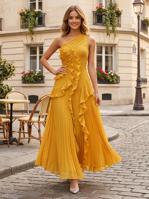 Chiffon A-Line/Princess One Shoulder Floor-Length Formal Dresses with Ruffles & Pleats