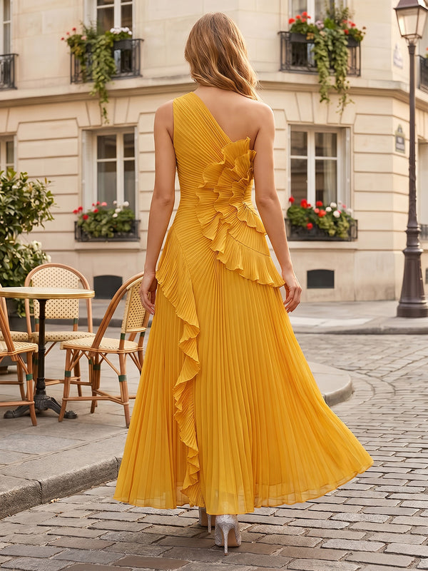 Chiffon A-Line/Princess One Shoulder Floor-Length Formal Dresses with Ruffles & Pleats