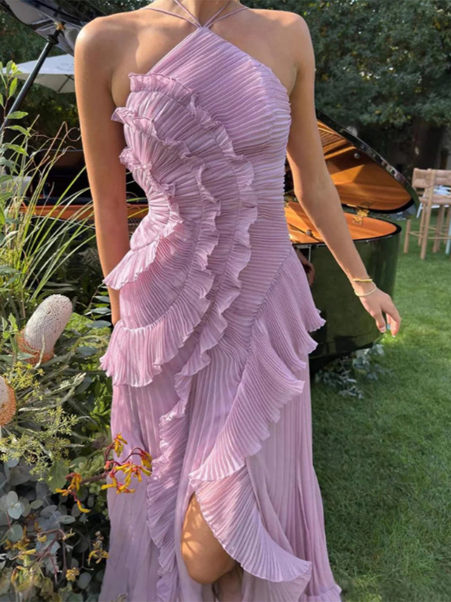 Chiffon A-Line/Princess Halter Floor-Length Formal Dresses with Ruffles & Pleats