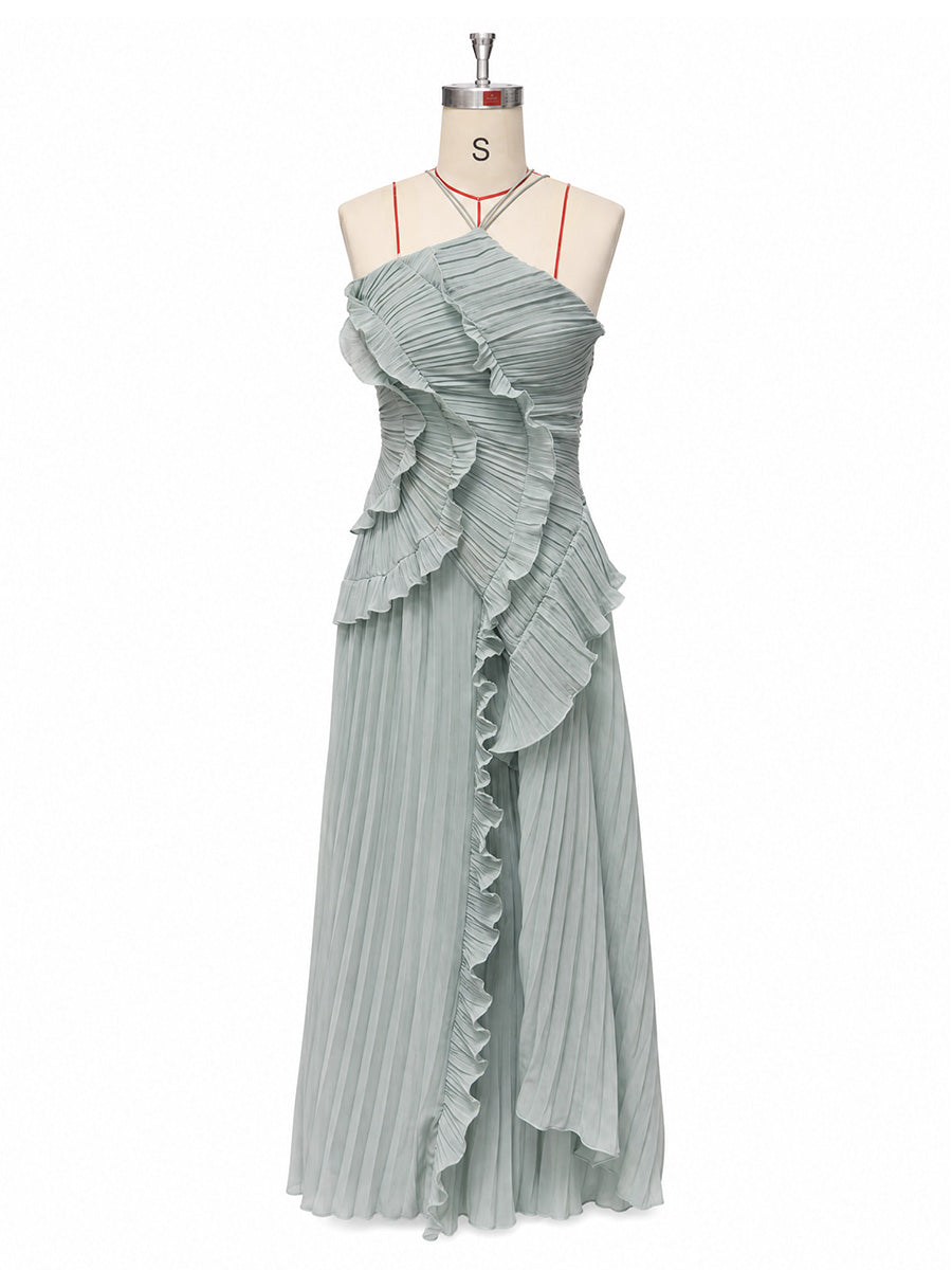 Chiffon A-Line/Princess Halter Floor-Length Formal Dresses with Ruffles & Pleats