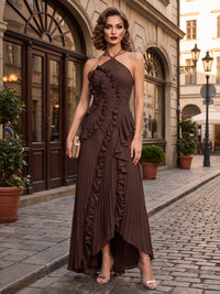 Chiffon A-Line/Princess Halter Floor-Length Formal Dresses with Ruffles & Pleats