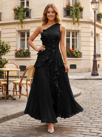 Chiffon A-Line/Princess One Shoulder Floor-Length Formal Dresses with Ruffles & Pleats